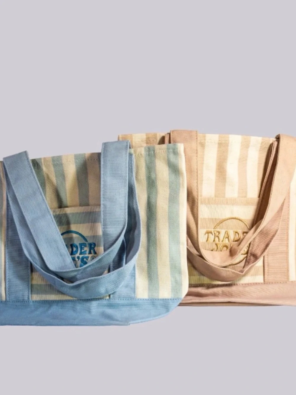 Trader Joes Mini Canvas Tote Grocery Shopping Bag Striped Blue & Tan Set 2 NEW